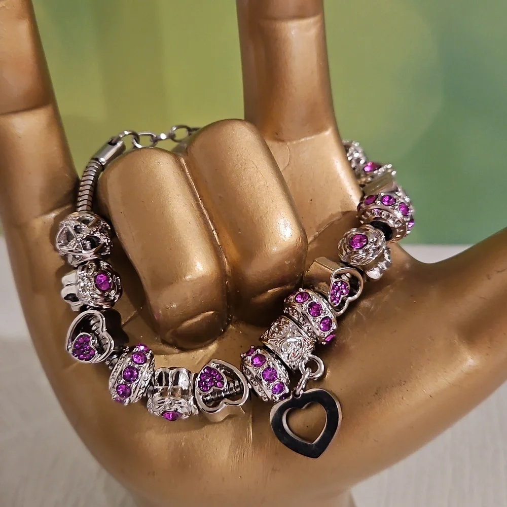 Birthstone bracelet silver tone with charms amethyst dark pink February October - Picture 3 of 10